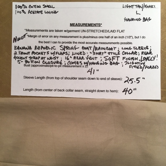 BANANA REPUBLIC Brushed Cotton SPRING COAT RAINCOAT, Tan/Khaki NWOT, Size M - Picture 10 of 11